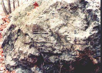 Boulder in Wilmington at the Ox Bow showing grooves worn by tow lines during the operation of the Middlesex canal