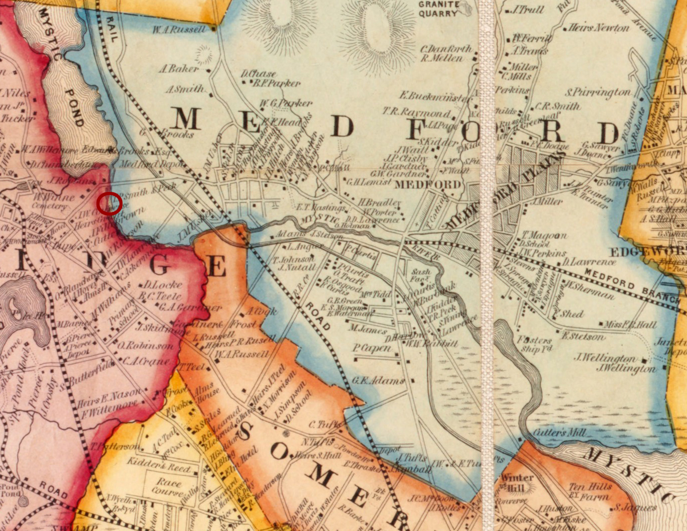 Map of Boston area and harbor - Map of the City and Vicinity of Boston, Massachusetts. (J. B. Shields, 1853) - from the Leventhal Map & Education Center, Boston Public Library. West Cambridge later became Arlington.