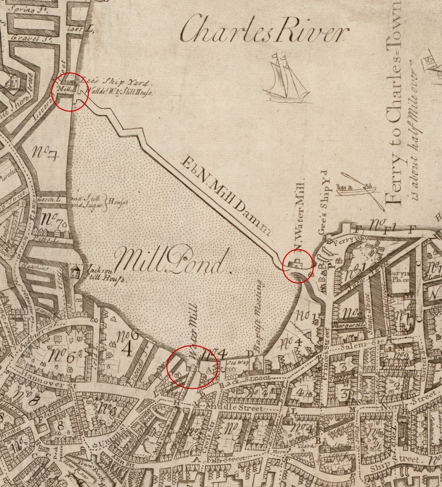 Boston 1743 - Price, William and Bonner, John. A New Plan of ye Great Town of Boston n New England in America. (1743) - from the Leventhal Map & Education Center, Boston Public Library.