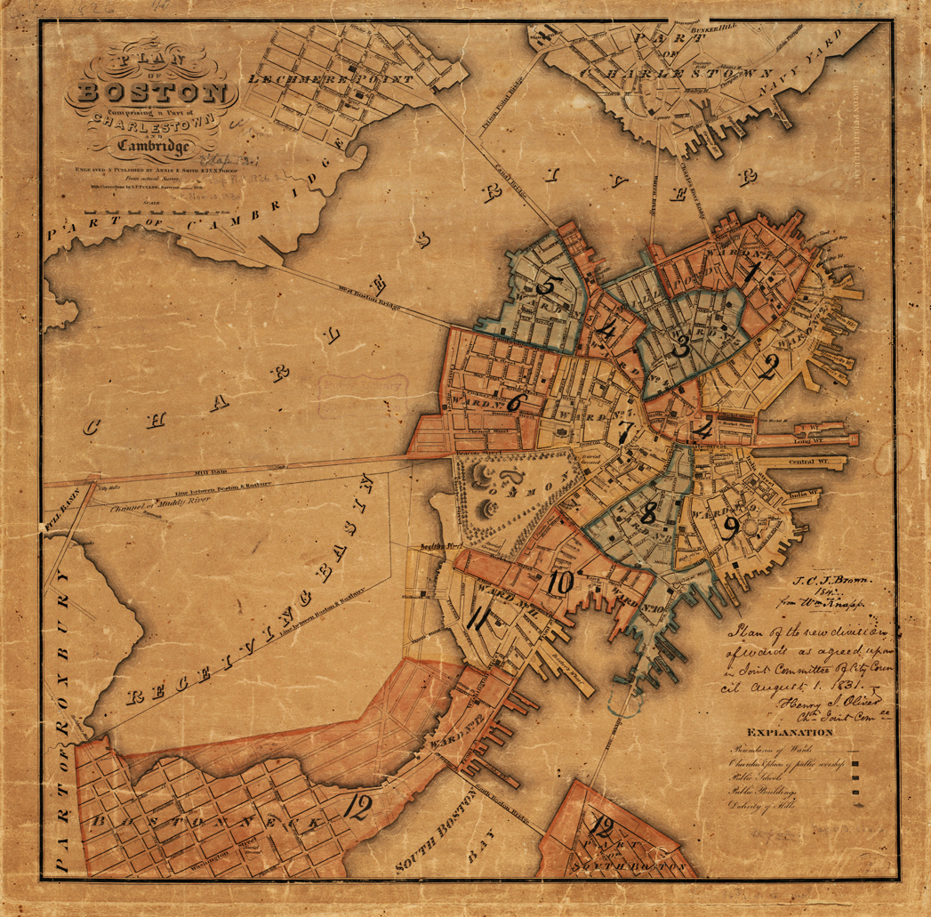 Boston 1826 showing the Back Bay dam - Fuller, Stephen P. Plan of Boston Comprising a Part of Charlestown and Cambridge. (Boston: Annin & Smith, 1826) - from the Leventhal Map & Education Center, Boston Public Library.