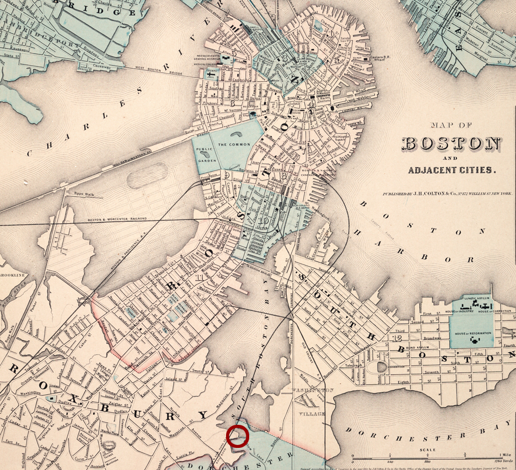 Boston Map 1855 showing the South Bay - Colton, J. H. Map of Boston and Adjacent Cities. (New York: J. H. Colton, 1855) - from the Leventhal Map & Education Center, Boston Public Library