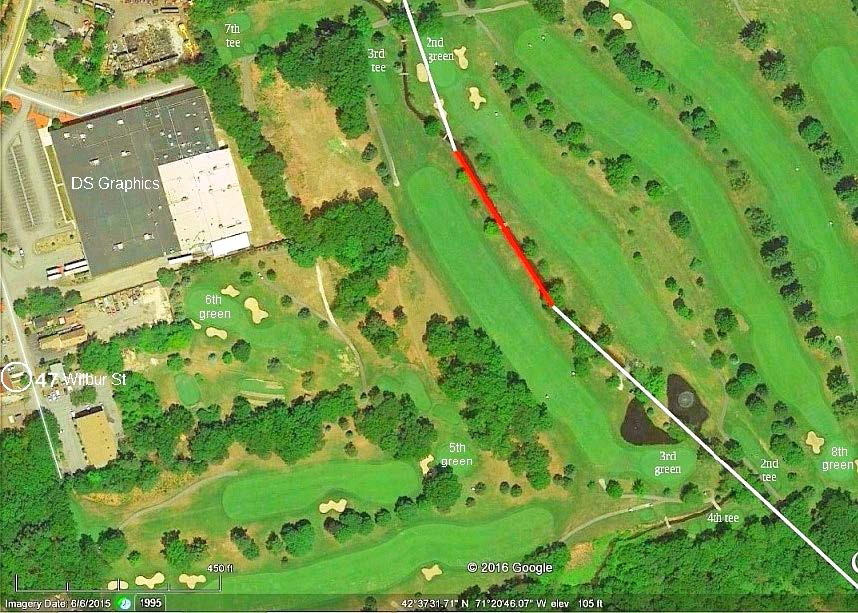 The line between the 2nd and 3rd fairways is the location of the towpath plotted from an 1829 survey.